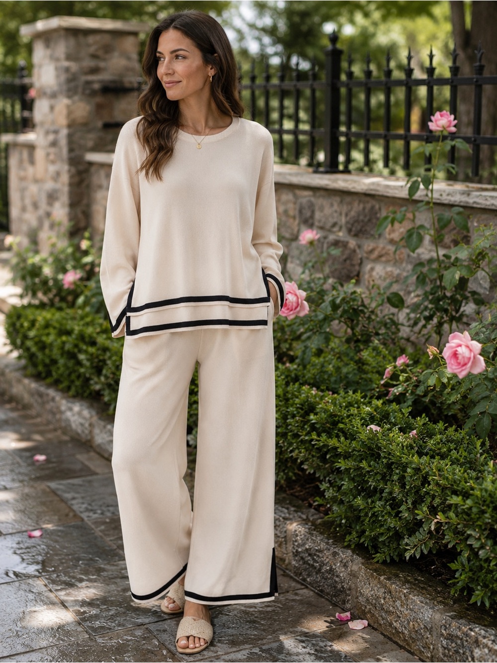 Cream Two-Piece Lounge Set with Black Trim